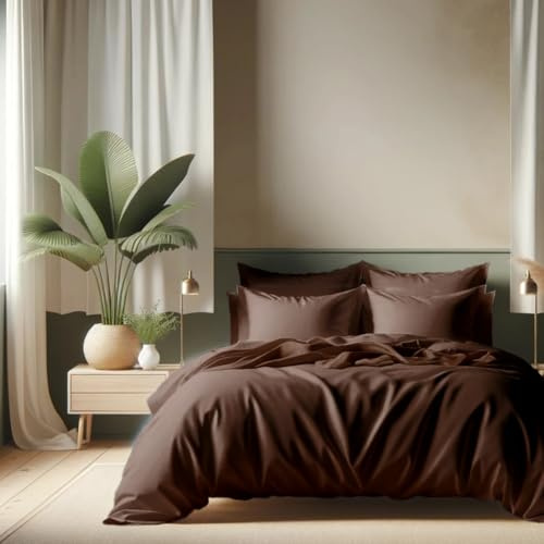 Ensemble de Parure de draps 5 Pieces Unie en pour Un lit 2 Personnes 140 x 190 cm 1 drap housse + 1 drap plat +2 taies d'oreiller + 1 taie de traversin 100% Coton 57 Fils HAUTE QUALITE (CHOCO)