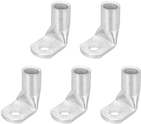 sourcing map 4/0AWG - 5/16 Copper Wire Lugs, 90 Degree Bent Battery Cable Ends Battery Lugs Ring Terminals Connectors Bare Copper Eyelet for Marine Electrical Supplies (Silver, 5Pcs)