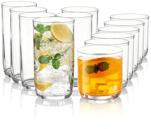 Kyraton Set de 12 Vasos de Whiskey Old Fashioned, 6 Vasos Highball en Plástico PET Transparente 420ml (14oz) & 6 Vasos para Cócteles Whisky 340ml (11.5oz), Vasos Robustos e Indestructibles.