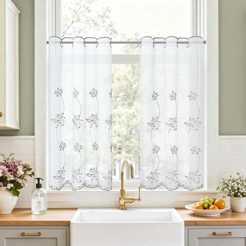 TOPICK Scheibengardine Bistrogardine 2er Set Gardinenschals H90xB65 Grau | Lichtdurchlässig Küchengardinen für Küche modern Kurzgardine Wohnzimmer Küchenfenster Fensterschal Landhausstil Küchevorhänge