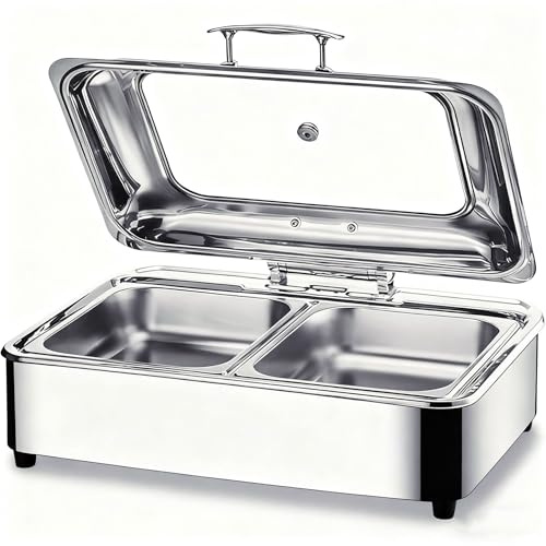 Chafing Dish Elektrisch, 9L Edelstahl Warmhaltebehälter Essen Elektrisch | Speisewärmer Elektrisch Buffetwärmer mit Glasdeckel für Party und Restaurants, Temperatur Regelbar (0-85°)