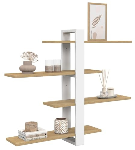 IDMarket - Etagère Murale avec étagères coulissantes ORA 4 Niveaux façon hêtre et Blanc