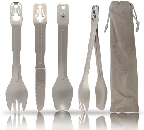 NACETURE Travel Silverware Set, Travel Fork Spoon Knife Set, Portable Utensils, 4-in-1 Spoon Fork Converts to Tongs, Camping Utensils Set with Bag