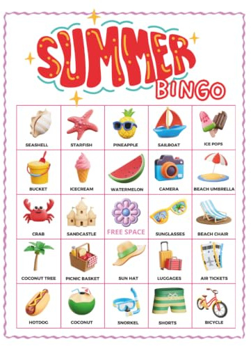Summer Bingo Game: 38-Player Vacation & Beach Party Games for Road Trips, Summer Camp, and Screen-Free Travel Entertainment