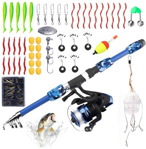 WDKXCN Juego de pesca infantil, juego de pesca para niños, juego de pesca completo para principiantes con carrete y cebo, caña de pescar telescópica para niños, juego de iniciación para niños y niñas