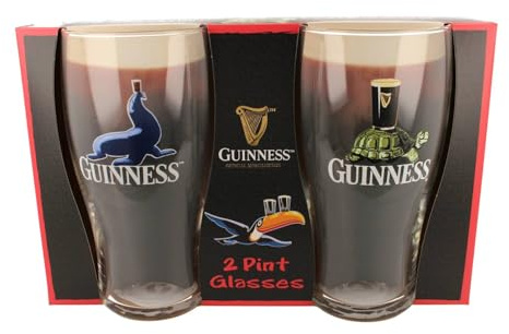 Guinness Official Pint Glass Gift Set – Seal & Tortoise Designs – Set of 2 Pint Glasses – Guinness Beer Glasses