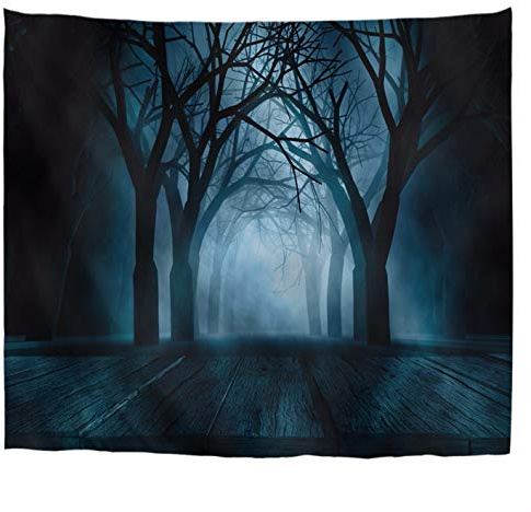 A.Monamour Wandteppiche Gruselig Blau Nebligen Wald Dunkel Nacht Holzbohlen Boden Halloween Hintergrund Kunstdruck Textilgewebe Wandbehang Tapisserie Wandbild Vorhang Indoor Außendekore 153x130cm