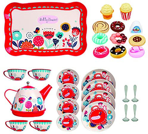 Koolbitz Colorful Tin Tea Party Set Including Metal Teapot, Saucers, Cups, Plates Washable Dishes with Pretend Food and Desserts Made of Safe Material For Children Learning Toy