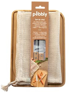 PEBBLY - Set du cuisinier composé d'une planche à découper, d'un couteau d'office et couteau économe et un filet à légumes
