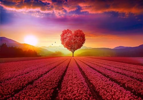Fototapete 3D Effekt Roter Herzförmiger Großer Baum Bei Sonnenaufgang Bergspitze Schöne Landschaft Vliestapete Wand Tapeten Wallpaper Wandbilder 150x105cm