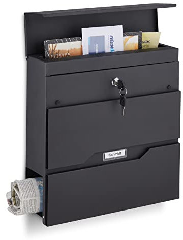 Relaxdays Cassetta della Posta con Scomparto Portagiornali, HLP 37 x 37 x 11 cm, con 2 Chiavi, in Acciaio, Moderna, Nero