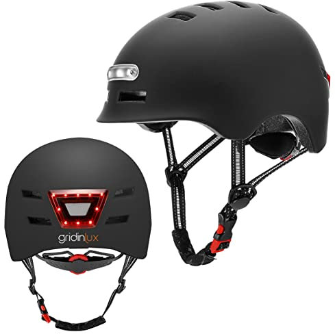 gridinlux® | Casco Safe & GO Negro Talla L | Luz Frontal y Trasera | Bicicleta y Patinete electrico | Movilidad Urbana | Unisex | Certificado Europeo CE y RoHS