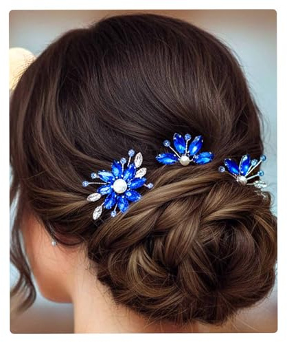 Flayem Mariée Épingles à cheveux Bleu Strass Pince à cheveux Fleur Élégant Mariage de cristal Accessoires pour cheveux Bijoux pour Demoiselle d'honneur et filles(3 pièces)