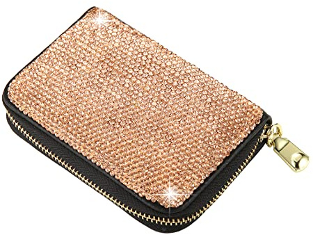 AsAlways Kreditkartenetui mit Strasssteinen für Damen, RFID-blockierend, schlankes Leder, Reißverschluss, Kartenetui, Gold, Modern