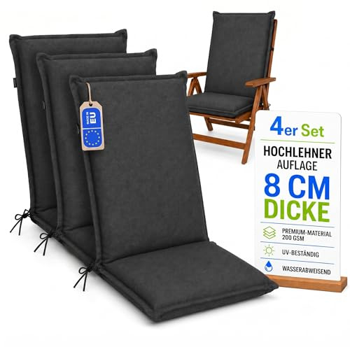 Pillows24 Hochlehner Auflagen 4er Set 120x50x8cm, Wasserabweisend & UV-fest | Premium-Material 200gsm, Extra dicke Polsterung 8 cm, Sitzauflagen Hochlehner, Sitzkissen Gartenstuhlauflagen, Graphit