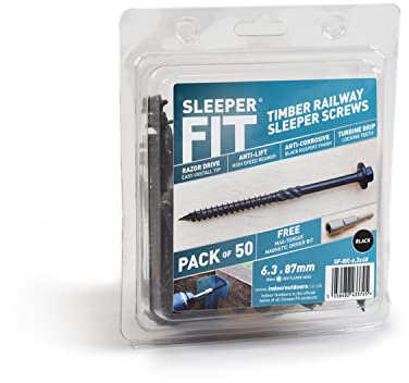 SleeperFit Official Black Timber Railway Sleeper Framola Pergola Screws - Extra Clamping 8mm Hexagon Flange Head - Torque Magnetic Driver Bit (Pack of 50) (6.3 x 87mm)
