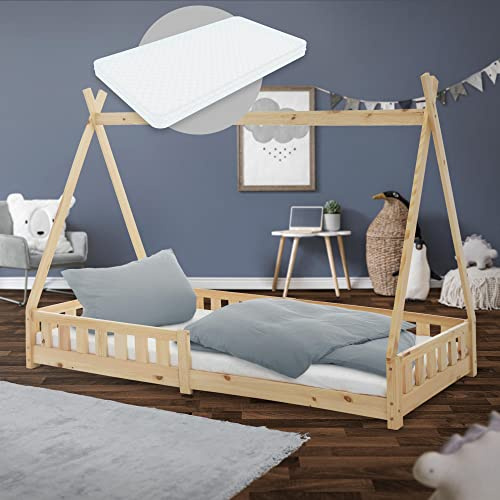 ML-Design Kinderbett Tipi 90x200 cm Natur mit Matratze H:10cm, Rausfallschutz & Lattenrost, Kiefernholz, Indianer Bett für Mädchen & Jungen, Hausbett mit Zaun, Bodenbett Jugendbett Spielbett Holzbett