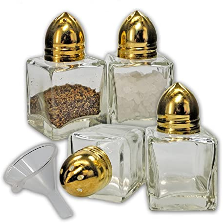 Mini-Salz- und Pfefferstreuer aus klarem Glas mit goldfarbenen Deckeln und einfachem Befülltrichter (Gold), 4 Stück NetSellsIt