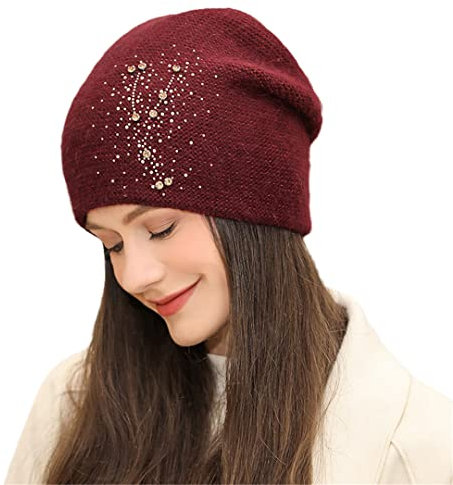 Wintermützen für Damen, gestrickte Wollmützen, hält warm, für den Außenbereich, mittelalter und ältere Menschen, weinrot, 55–60 cm