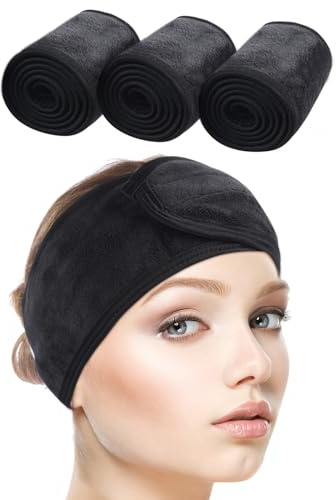 SINLAND 3 Stück Haarband für Make Up Kosmetik Stirnband Schwarz | Mikrofaser Haarschutzband mit Klettverschluss Verstellbare Haarriemen Haarschutzband Haarbänder für Gesicht,Sport,Yoga