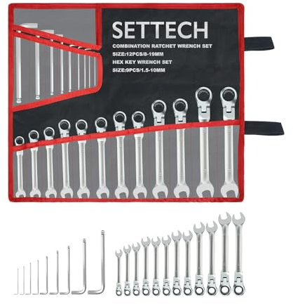 SETTECH Flexibles Ratschenschlüssel-Set, 12 metrische CR-V-Flexkopf-Ratschen, 9 Inbusschlüssel, Ringmaulschlüssel, 21-teiliges Set