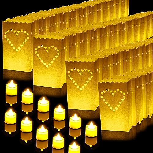 Sabary 50 Sets Luminary Bags with Flameless Tea Lights Outdoor Luminaries LED Lantern Candle Bags for Wedding Birthday Ramadan Christmas Party Decorations Romantic Decor(Heart)