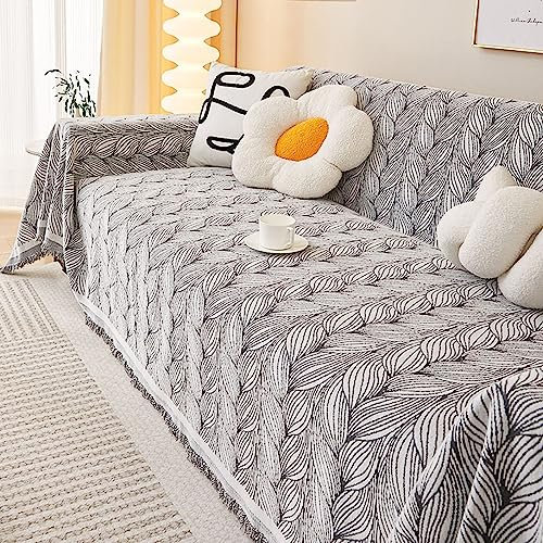 Homxi Überzug Sofa 3 Sitzer,180x300CM,Sofabezug Sitzer Blatt Druck Sofahusse Chenille Sofa Handtuch Grau Sofabezüg