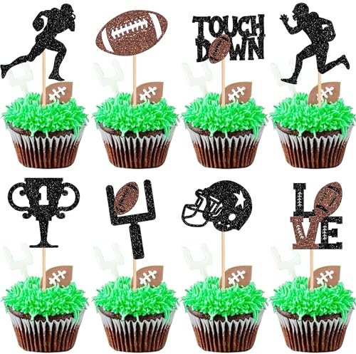 Rsstarxi 24 Stück American Football Cupcake Toppers Rugbyball Cupcake Zahnstocher Fußballspieler Sport Kuchen Dekorationen für Super Rugby Touch Down Sport Babyparty Geburtstag Party Dekorationen