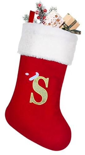 NIBESSER Weihnachtsstrumpf Rot Klassische Flanell Nikolausstrumpf Initialen Buchstabe Christmas Stocking Hängende Strümpfe Weihnachten Geschenktasche Nikolausstiefel