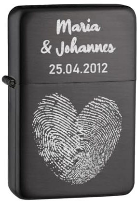 Feuerzeug in Anthrazit aus Metall mit Gravur zur Hochzeit - das Geschenk zum Valentinstag und Jahrestag - Sturmfeuerzeug mit Namen - für Camping, Wandern und BBQ