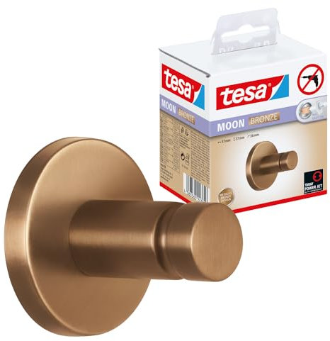 tesa MOON BRONZE Handtuchhaken in gebürsteter Bronze - selbstklebender Handtuchhalter aus PVD-beschichtetem Metall - ohne Bohren, inkl. Klebelösung - 37 mm x 37 mm x 36 mm