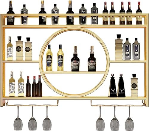 Porte Bouteille Muraux Métalique Étagère À Vin, Casier À Vin En Fer Pour Cave À Vin,Porte-bouteilles Pour Bar,Avec Porte-Verre,Étagères Polyvalentes En Métal,Étagère Murale E(Size:120cm/47in,Color:or)