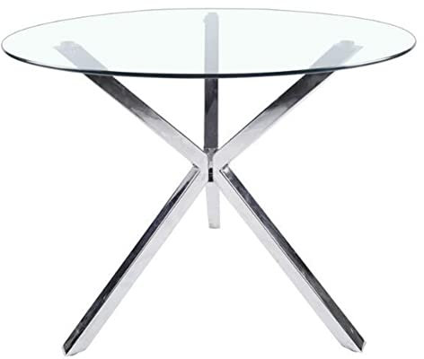 Mesa auxiliar redonda de cristal con diseño moderno de 90 cm, patas cromadas plateadas, elegante y práctica, mesa de comedor de cristal para sala de estar, oficina (tamaño: 90 x 75 cm)