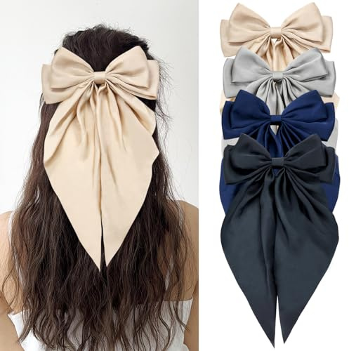 Cinaci 4 Pieces Large Big Oversized Satin Chiffon Hair Bows with Long Tail French Barrettes Hair Clips Accessories for Women Girls Teens