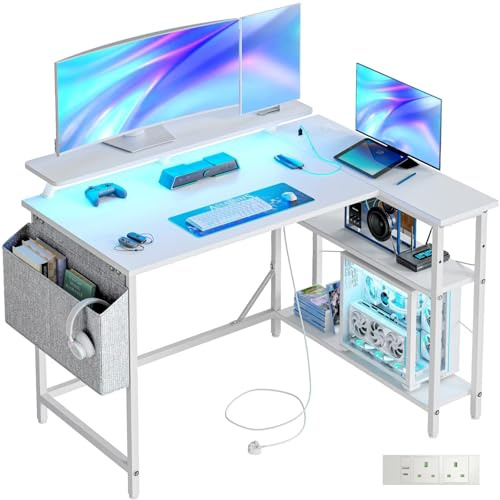 DOMSHOCT L-förmiger Gaming-Schreibtisch mit LED-Lichtern und Steckdosen, 100 x 80 cm, kleiner Eck-Computertisch mit Aufbewahrungstasche, verstellbaren Regalen und großem Monitorständer, Heimbüro