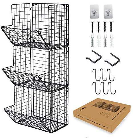 SIBOMTEX – Panier mural en fil de fer à 3 niveaux – Corbeille à fruits rustique à accrocher sur des étagères de rangement au-dessus de la porte – Organiseur de cuisine – Étagère à fruits et