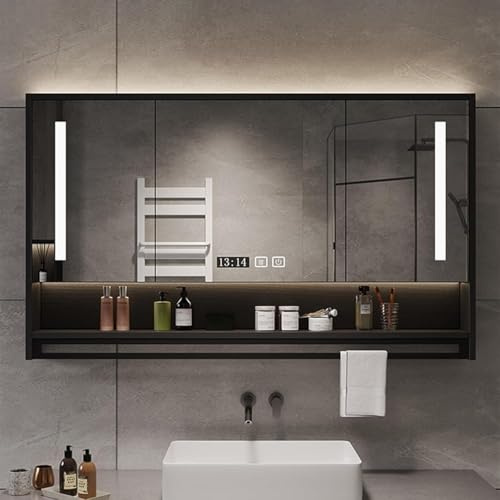 GEESDF Badezimmerspiegel 3 Türen Badezimmerspiegelschrank Mit LED-Leuchten Wandmontierter Badezimmerschrank Mit Verstellbaren Lagerregalen Sensor-Touch-Spiegelschrank Für Badezimmer,Schwarz,120cm