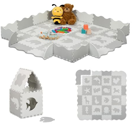 Relaxdays Alfombra Puzzle Bebé, 36 Piezas, Colchoneta Juegos, Diseño Animales, Goma No Tóxica, Suelo Gateo, Blanco/Gris, 30,5 x 30,5 cm