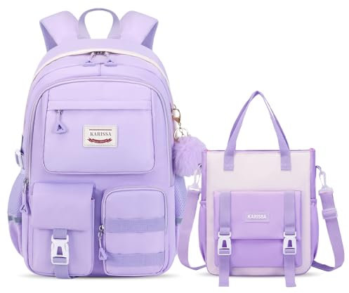 Amythe Schulrucksack Mädchen 2 Teilig, 29 Liter Rucksack Schule Teenager, Schulranzen für Mädchen der 3. 5. bis 7. Klasse, School Bag Set mit Einkaufstasche, 47cm - Lila