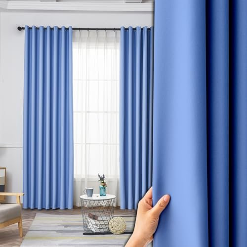 NINGBAI Verdunklungsvorhänge Schlaufen 160 x 270 cm Gardine Schlafzimmer Ösen Thermo Vorhang Blickdicht mit Ösen für Schlafzimmer, Blau