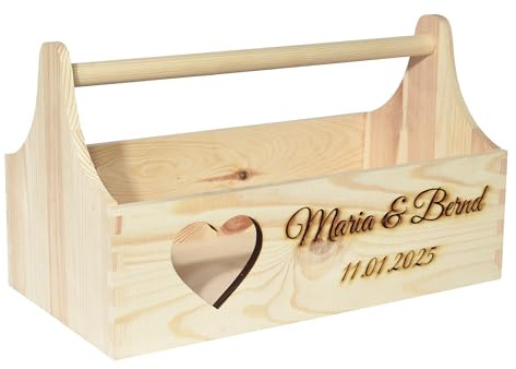 CHICCIE Geschenkkorb zur Hochzeit Personalisierbar mit Herz Namen Datum 34x18x20cm - Natur Holzkiste Geschenkidee Präsentkorb Hochzeitsgeschenk