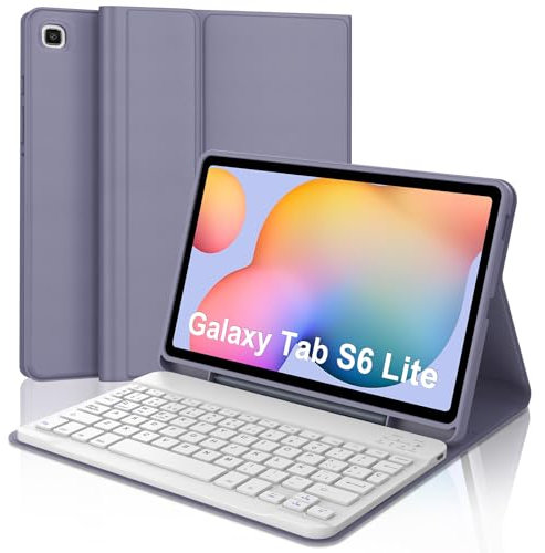 WAVATA Funda con Teclado para Samsung Galaxy Tab S6 Lite 10.4, Tecla España Ñ para Galaxy Tab S6 Lite 10.4''，Bluetooth Desmontable Teclado para Samsung Tablet S6 Lite-Lavanda