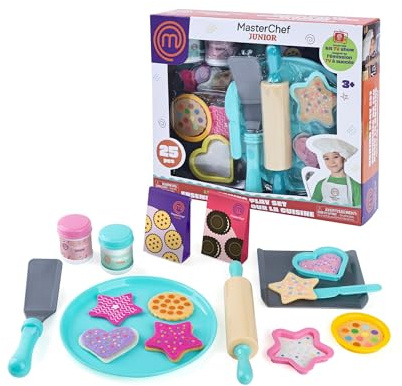 MasterChef Kit de préparation de biscuits avec 21 accessoires, comprend rouleau, moules, décorations et 9 biscuits en feutre Jeu imaginaire amusant et éducatif Famosa (MTE03000)