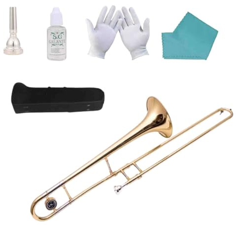 Portable E Flat B Flat Tenor Slide Trombone Brass, I-Deal for Standard Student Beginner Trombone w/Case, Gloves, Mouthpiece,Cleaning Cloth