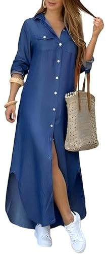 Sommarklänning strand dam retro jeansklänningar V-ringad casual lösa tunikor långärmad jeansblus knapp maxi klänning, A Blue, S