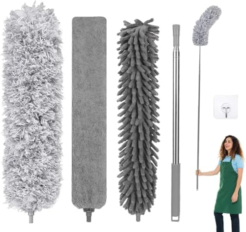 Fogray Extendable Feather Duster Kit with Telescopic Pole & Silicone Cap | 5Pcs Washable & Bendable Feather Duster Kit for Cleaning Cobwebs, High Ceiling Fans, Roof, Furniture & Cars, Grey