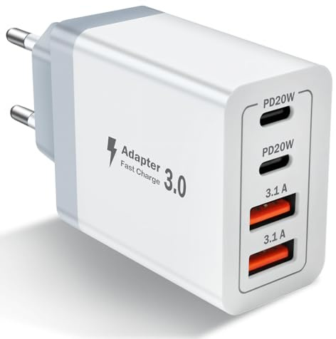 55W Caricatore USB C 4 Porte Rapido USB Caricatore Multipla PD & QC3.0 Carica Cellulare, Alimentatore Caricabatterie per 16/15/14/13/12/11/Pro/Max/Xs/Xr/Plus/Mini