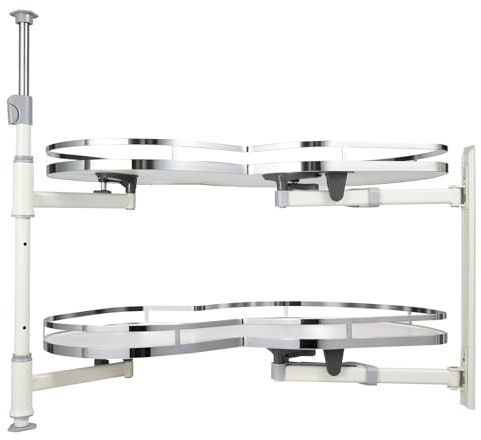 Eckschrank Organizer Ausziehbar | Sanft schließender Küchenorganizer mit 2 Schwingtabletts | Höhenverstellbar (60-81cm) für 90cm Eckschränke | Rechts öffnend | 15kg Belastbarkeit pro Tablett | Weiß