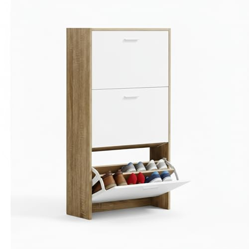 CATAVANA Scarpiera salvaspazio slim 60 cm in legno bianco, scarpiera da ingresso con 3 ante, scarpiera 18 paia, design moderno alto e stretto, ideale come portascarpe ingresso