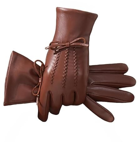 Keninll Damen Lederhandschuhe Bowtie Winter Fleece Gefüttert Lammfell Handschuhe Touchscreen Kompatibel Radfahren Fahren Weich Warm Winddicht